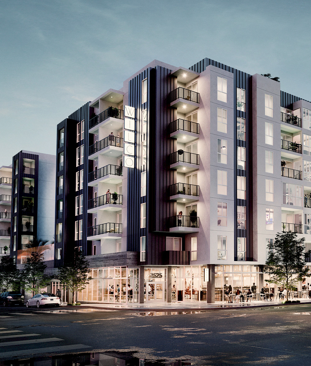 Wilco Apartments rendering at dusk